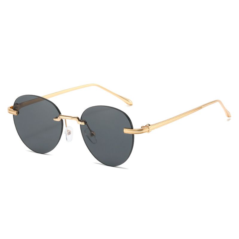 Fashion Gold Frame All Gray Piece Rimless Oval Sunglasses