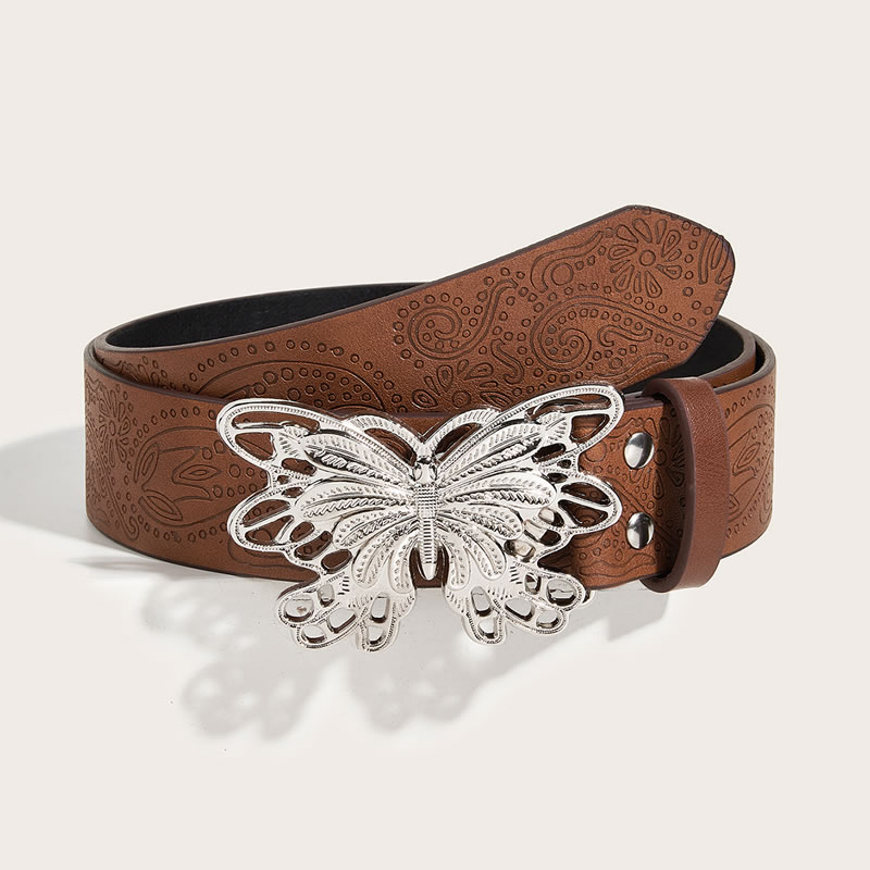 Fashion (tuo Color Pressed Leather) Butterfly Snap Button Metal Butterfly Texture Wide Belt  Imitation Leather