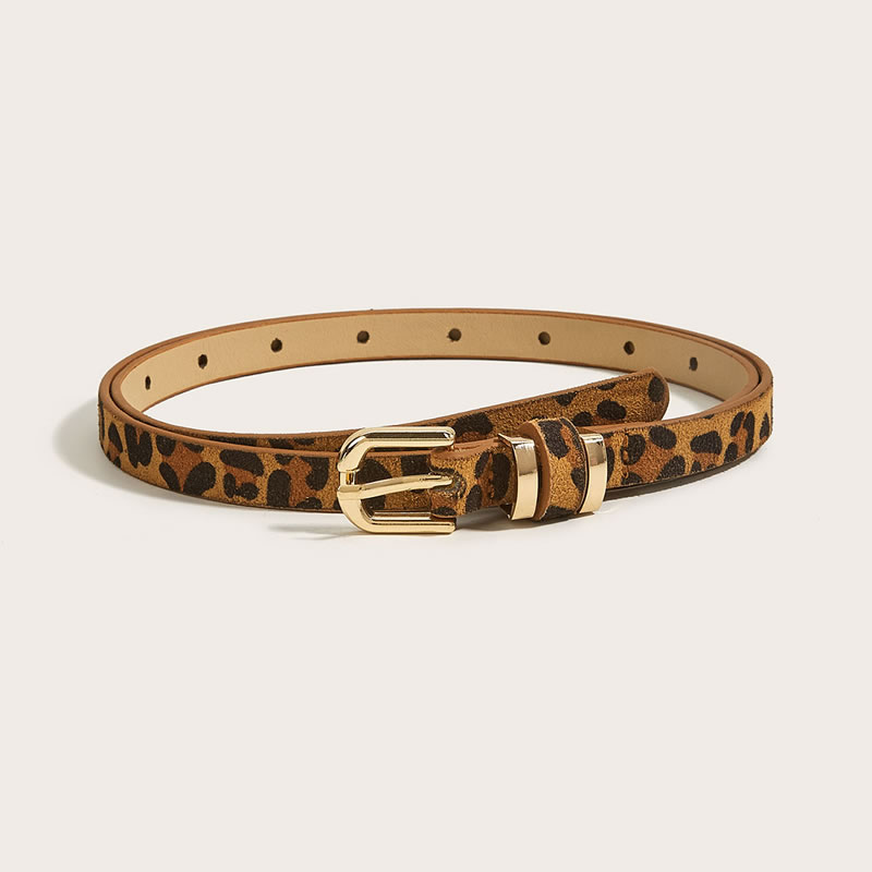 Fashion 1.3 Pairs Of Hardware Mesons With Leather In The Middle (leopard Print Color) Thin Leather Belt With Metal Pin Buckle  Imitation Leather