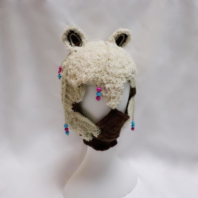 Fashion Off White Plush Crochet Cartoon Face Mask Beanie  Acrylic