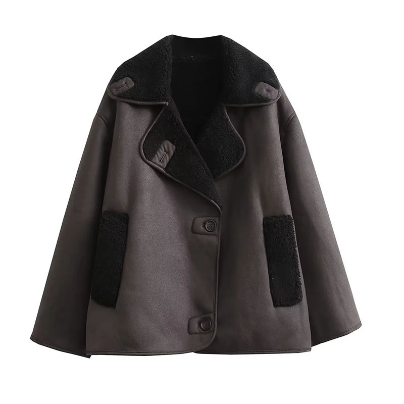 Fashion Brown Fur One-piece Lapel Buttoned Jacket  Polyester