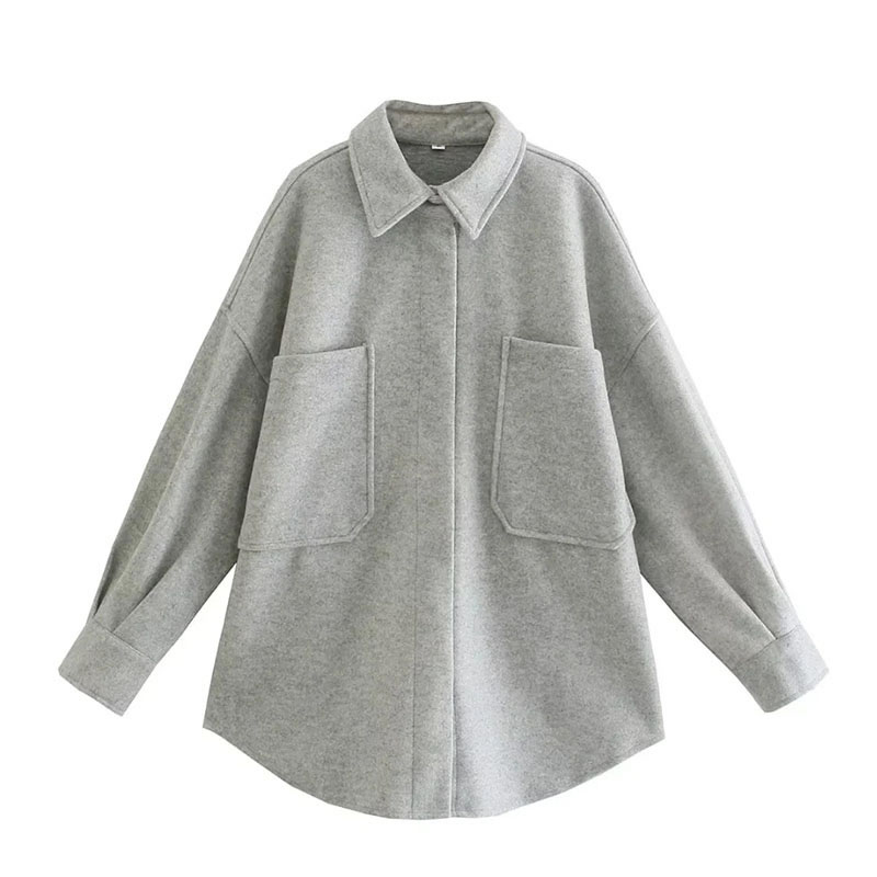 Fashion Grey Polyester Large Pocket Lapel Jacket  Polyester