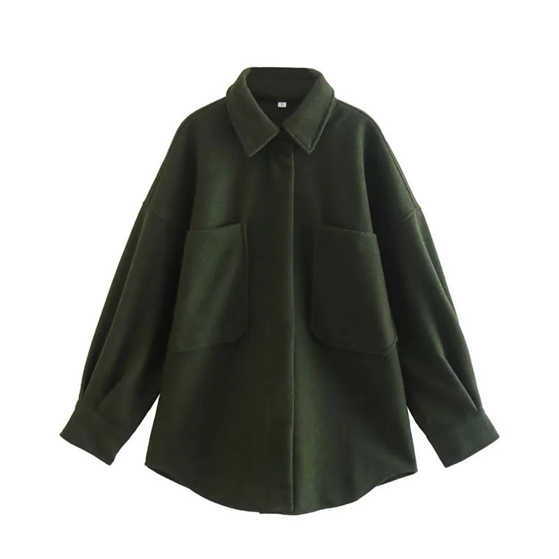 Fashion Army Green Polyester Large Pocket Lapel Jacket  Polyester