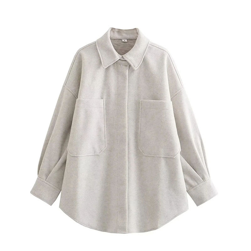 Fashion Gray Polyester Large Pocket Lapel Jacket  Polyester