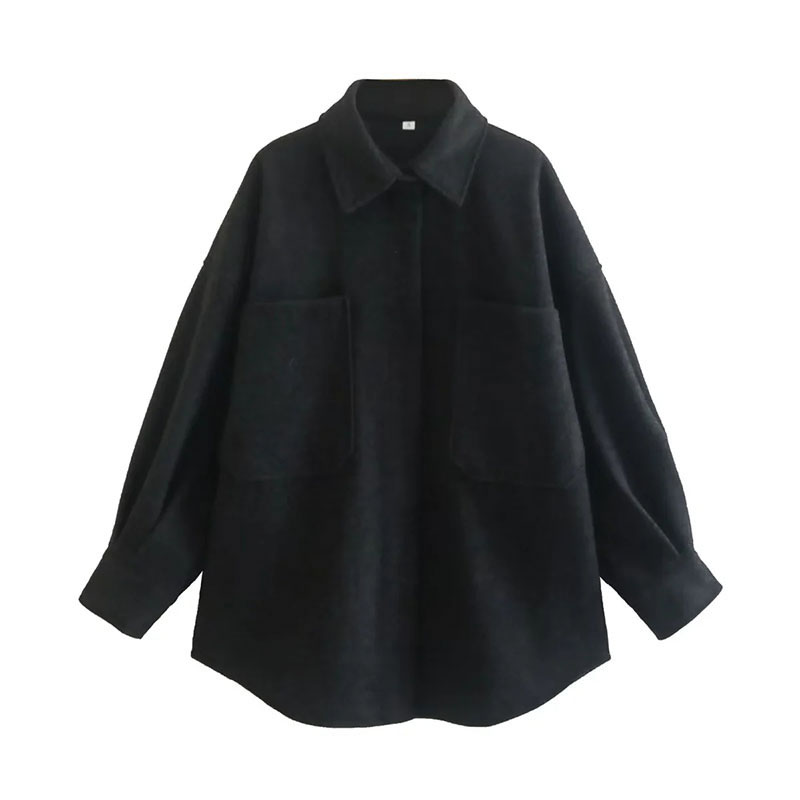 Fashion Black Polyester Large Pocket Lapel Jacket  Polyester