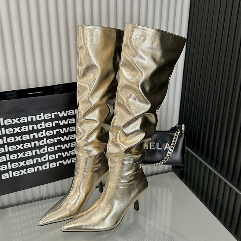 Fashion Gold Pu Pointed Toe Stiletto Over-the-knee Wide Boots  Pu