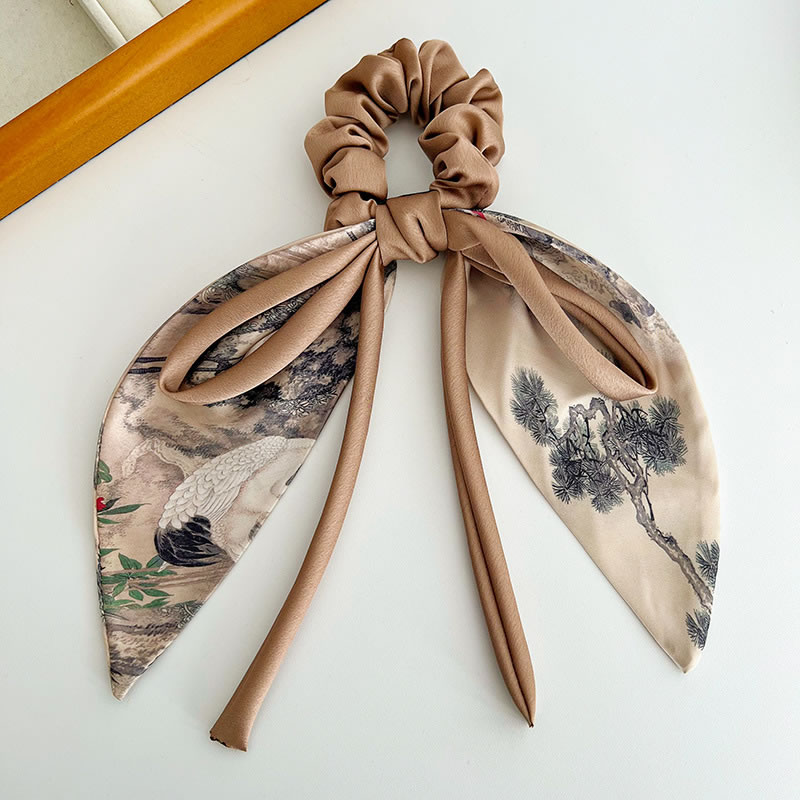 Fashion Brown Ink Painting Bow Hair Tie Fabric Printed Bow Pleated Hair Tie