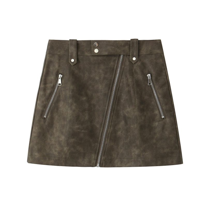 Fashion Coffee Color Faux Leather Zip-up Skirt