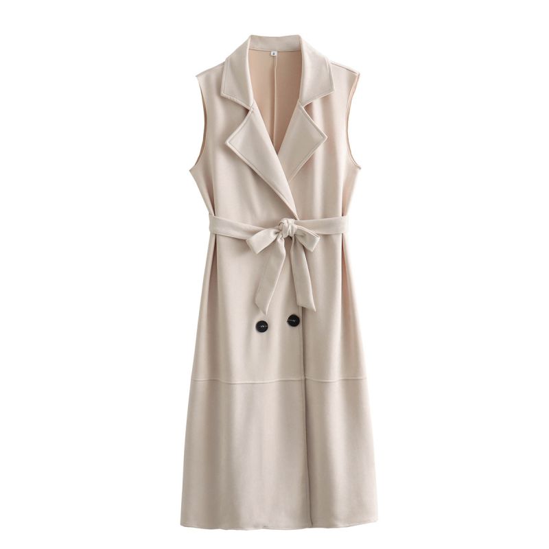 Fashion Beige Double-breasted Belted Lapel Jacket