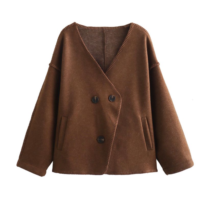 Fashion Brown Buttoned V-neck Wool Jacket