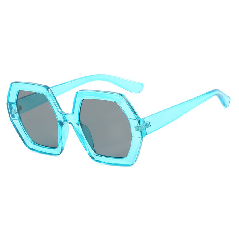 Fashion Blue Frame Gray Film Polygonal Large Frame Sunglasses