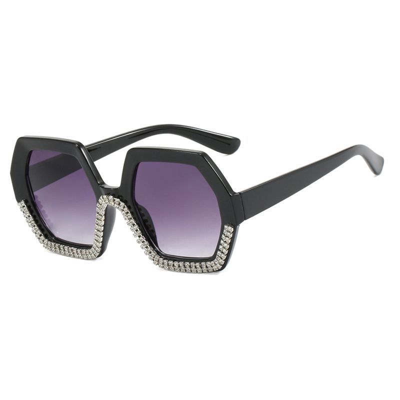 Fashion Bright Black Double Gray Pc Diamond Octagonal Sunglasses