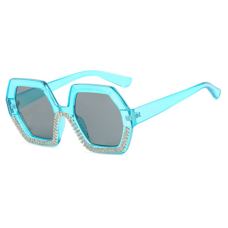 Fashion Blue Frame Gray Film Pc Diamond Octagonal Sunglasses