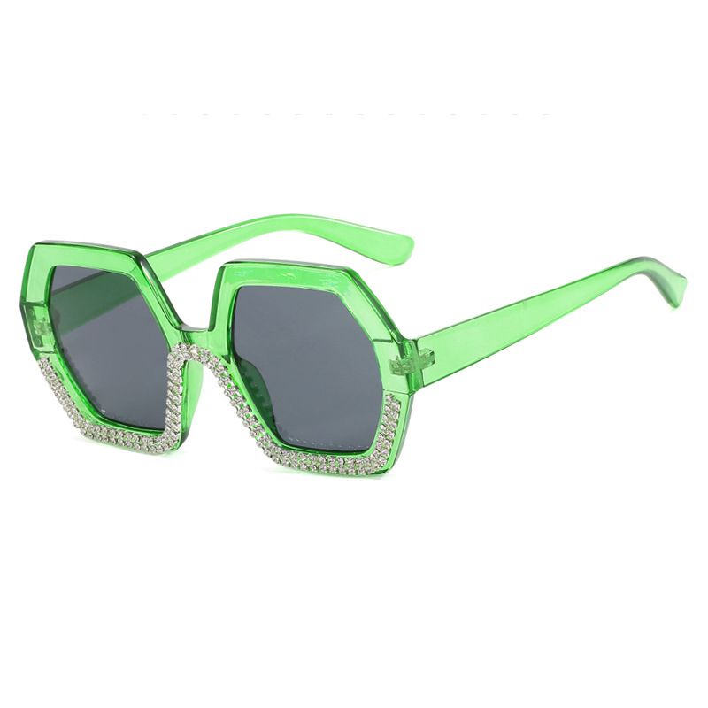 Fashion Green Frame Gray Film Pc Diamond Octagonal Sunglasses