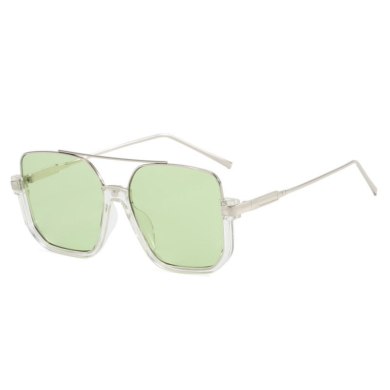 Fashion Transparent White And Green Film Double Bridge Large Frame Sunglasses