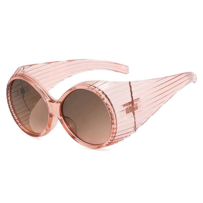 Fashion Transparent Champagne With Gray Top And Powder Bottom Large Frame Round Sunglasses