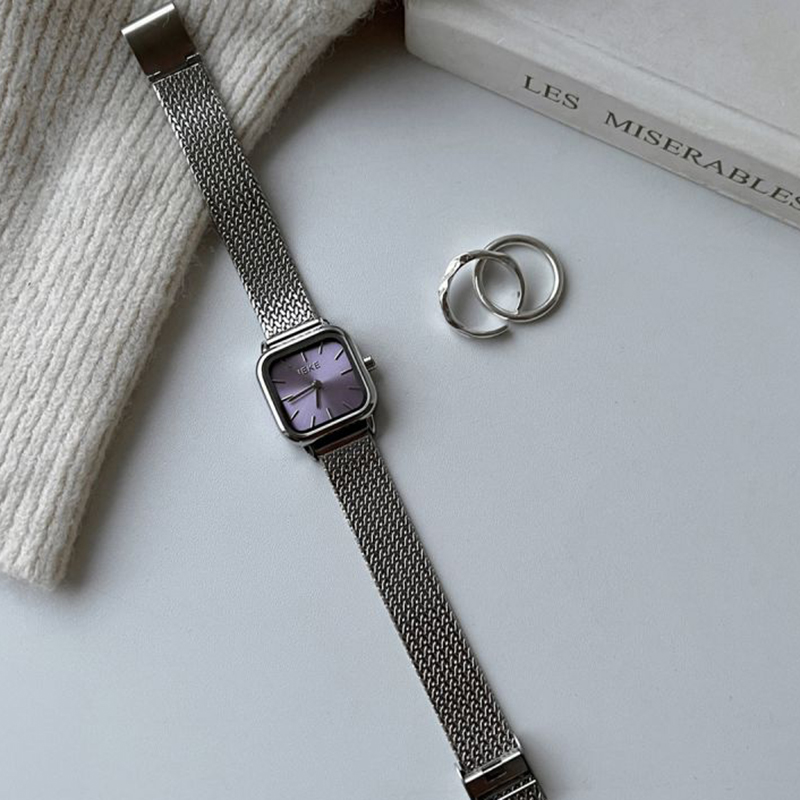 Fashion Silver With Purple Surface Stainless Steel Square Dial Watch