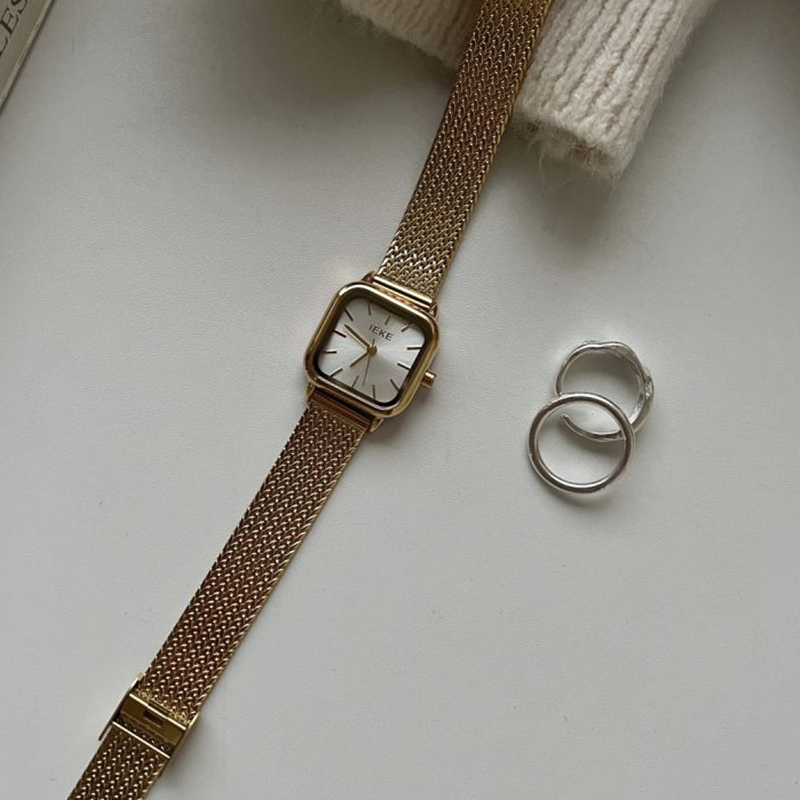 Fashion Gold Belt White Surface Stainless Steel Square Dial Watch