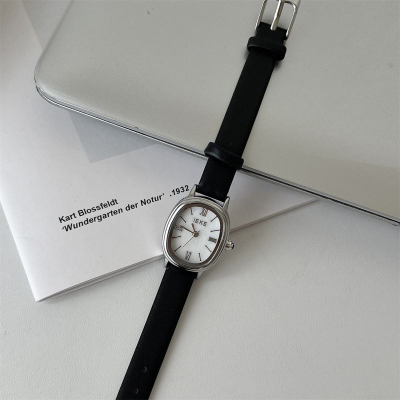 Fashion Black With Silver Frame And White Surface Oval Dial Leather Watch