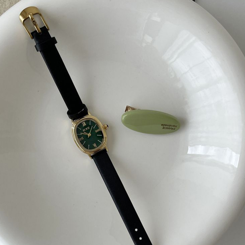Fashion Black With Gold Frame And Green Surface Oval Dial Leather Watch