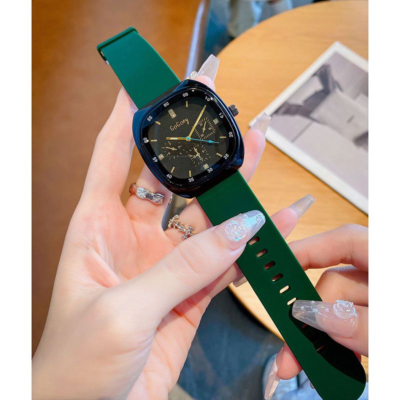 Fashion Green Belt Stainless Steel Square Dial Silicone Watch