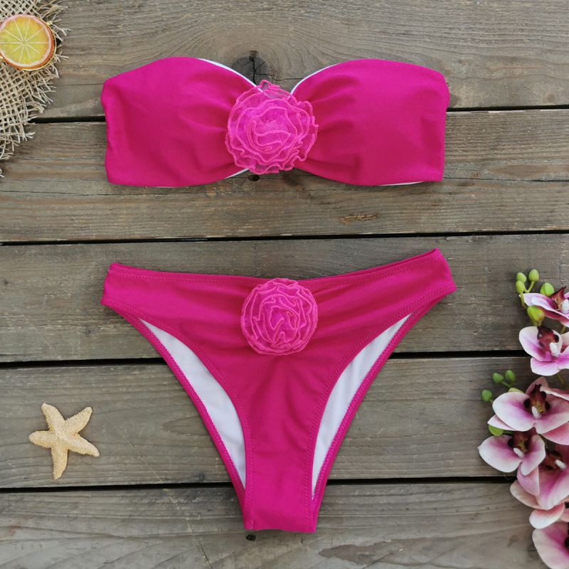 Fashion Pink+pink Flower Polyester Floral Bandeau Split Swimsuit