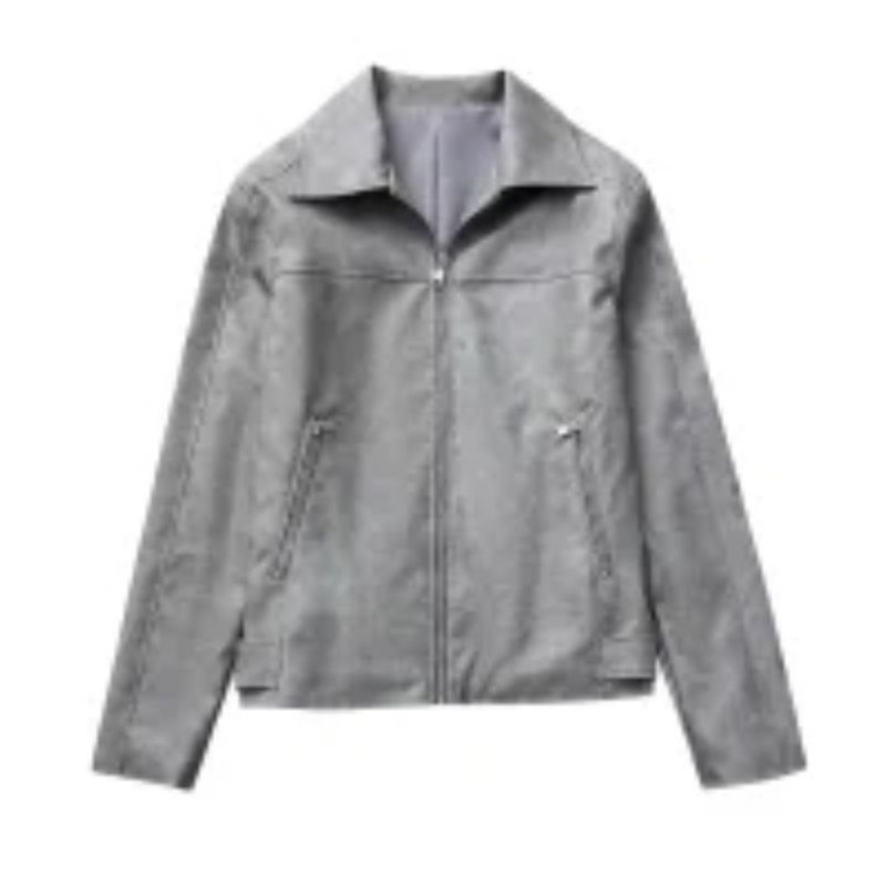 Fashion Grey Washed Lapel Zipped Jacket