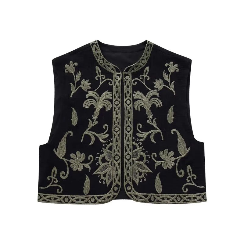 Fashion Black Embroidered Vest Jacket