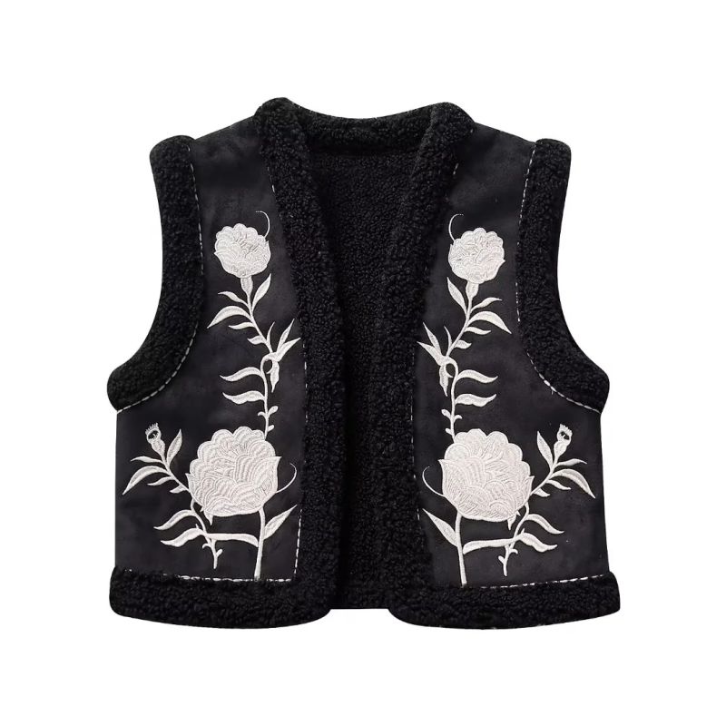 Fashion Black Embroidered Reversible Vest Jacket
