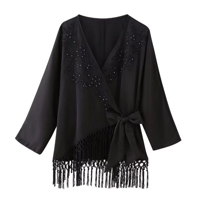 Fashion Black Fringed Embroidered Lace-up Jacket