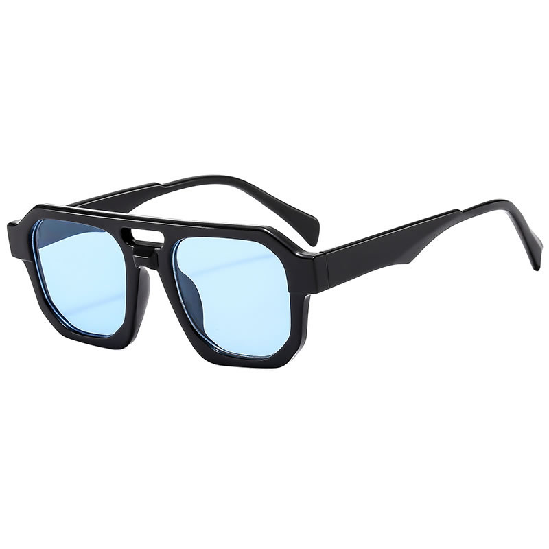 Fashion Bright Black And Blue Film Pc Double Bridge Square Sunglasses