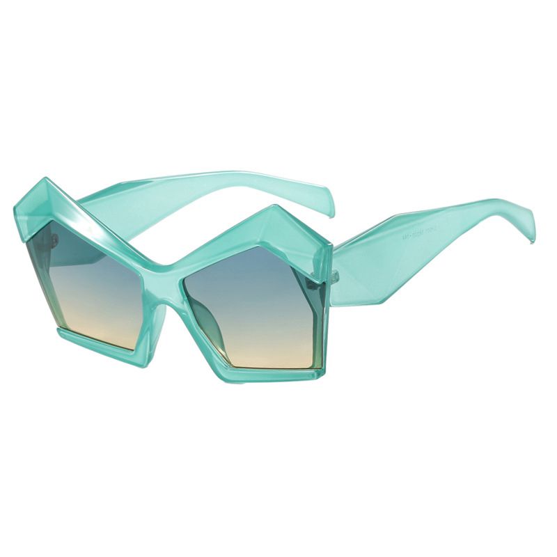 Fashion Blue Frame Green Tea Pc Polygonal Cat Eye Sunglasses