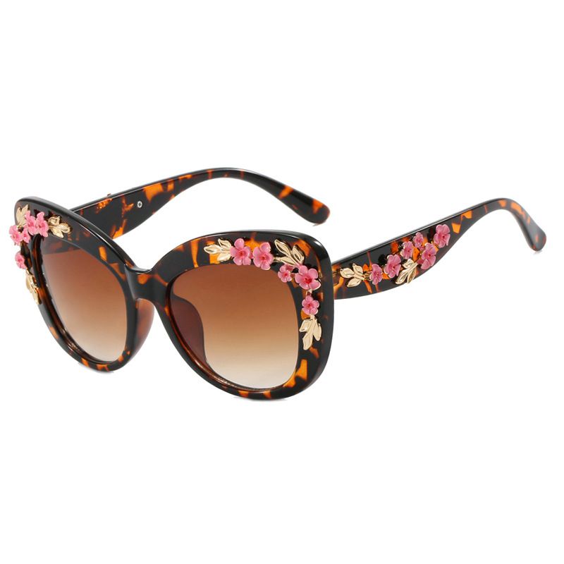Fashion Leopard Print Double Tea Cat Eye Flower Sunglasses