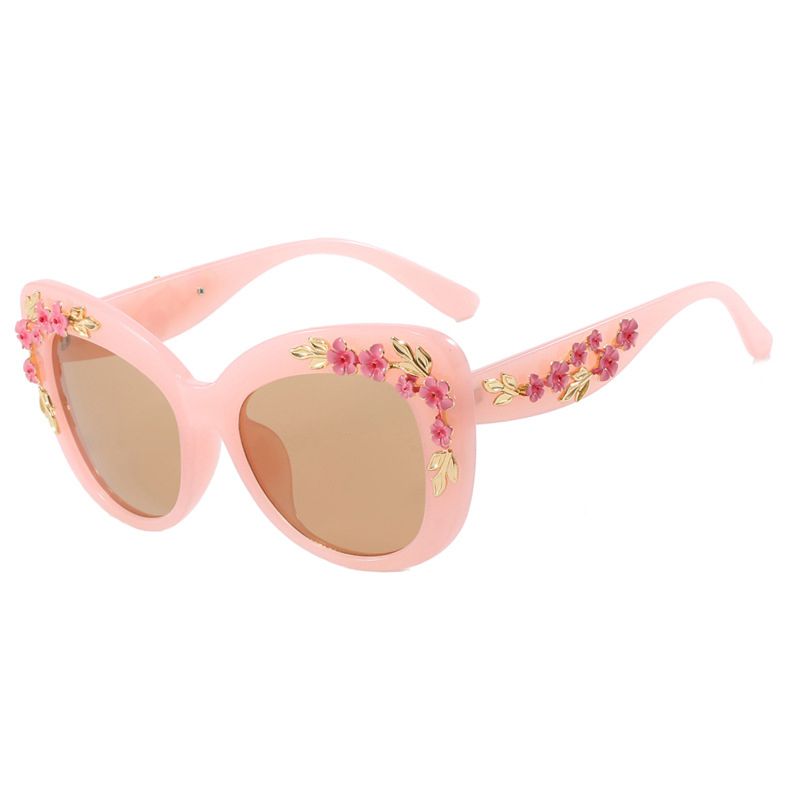Fashion Pink Frame Champagne Cat Eye Flower Sunglasses