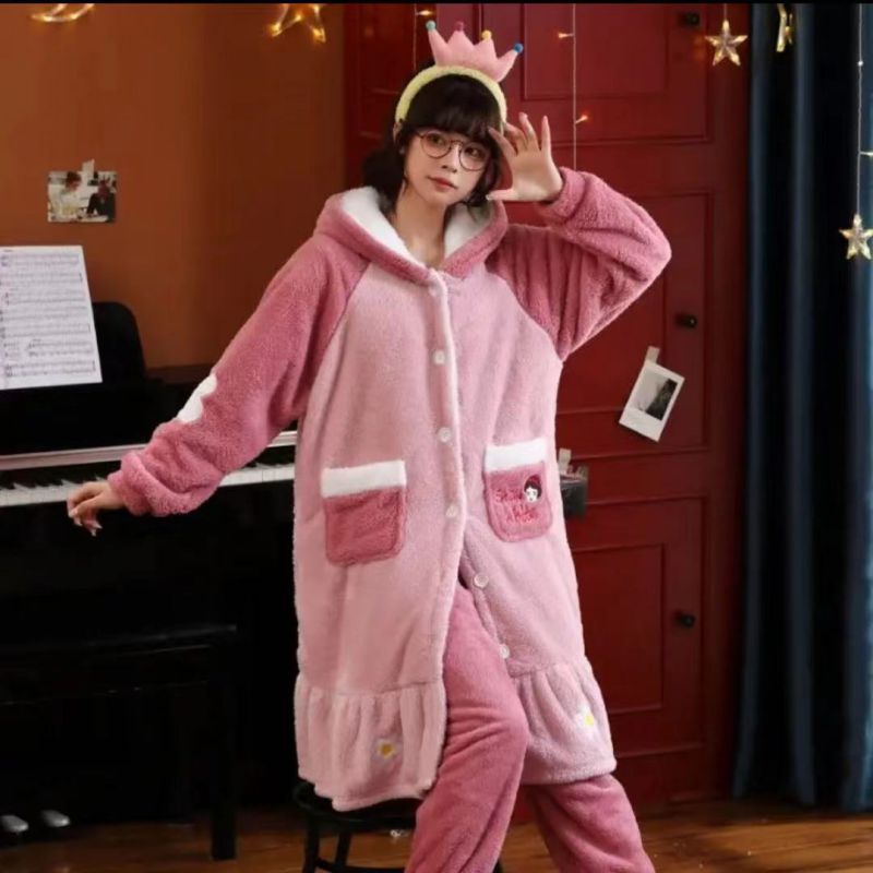 Fashion Pink Princess Nightgown Flannel Colorblock Hooded Robe