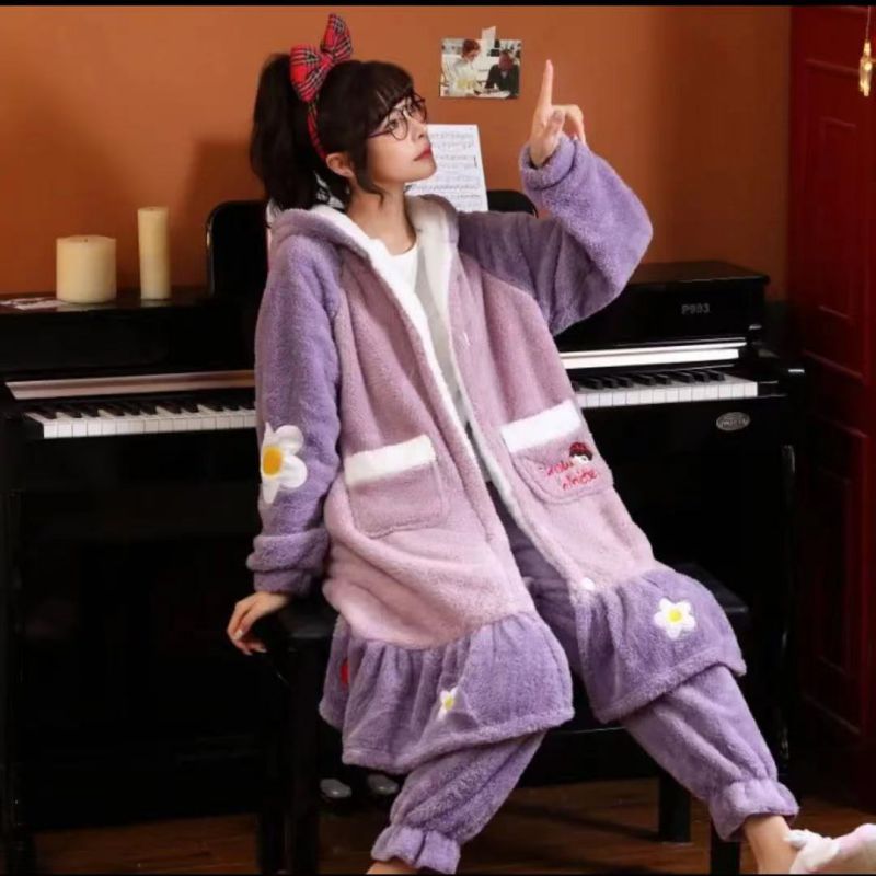 Fashion Purple Princess Nightgown Flannel Colorblock Hooded Robe
