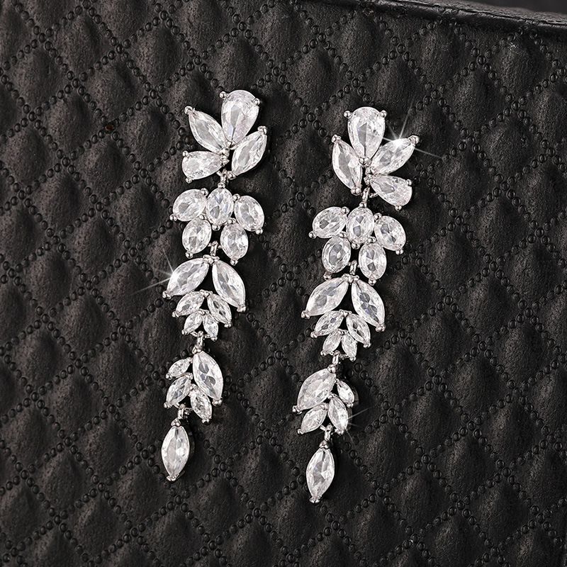 Fashion Silver Copper Diamond Leaf Earrings