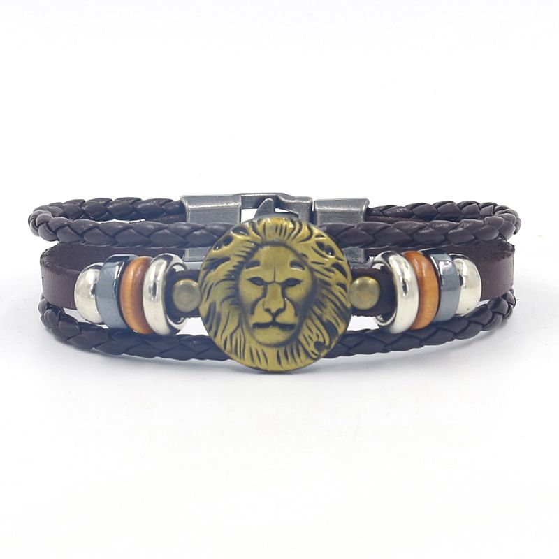 Fashion Brown Alloy Lion Leather Men's Bracelet