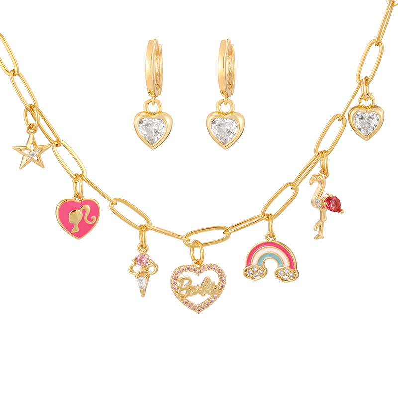 Fashion Gold Copper Inlaid Zircon Drop Oil Rainbow Love Pendant Necklace Earring Set