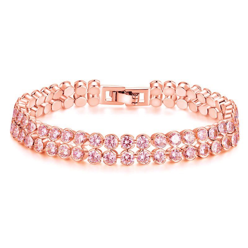 Fashion Rose Gold Pink Copper Set Round Zirconium Geometric Double Row Bracelet