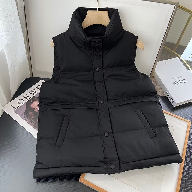 Fashion Black Polyester Single-breasted Stand-collar Vest Jacket