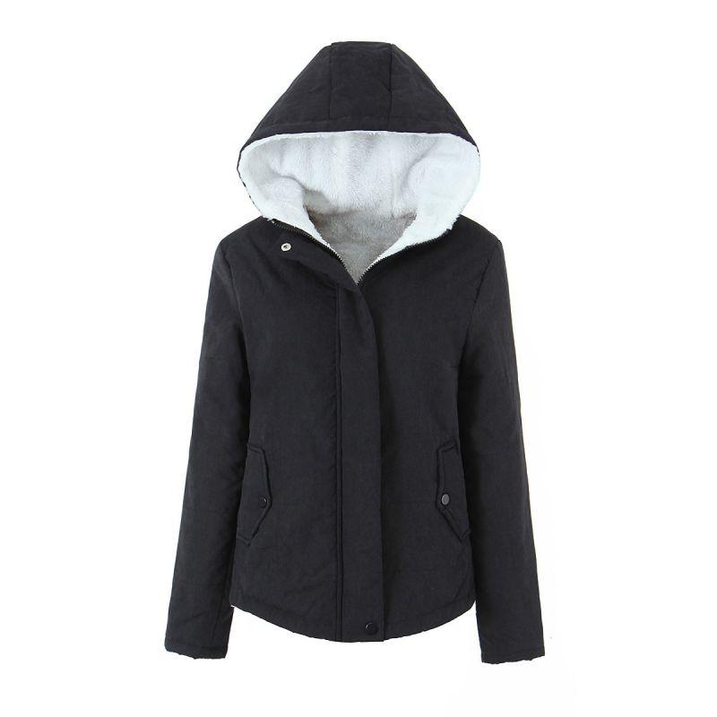 Fashion Black Polyester Hooded Cotton Jacket
