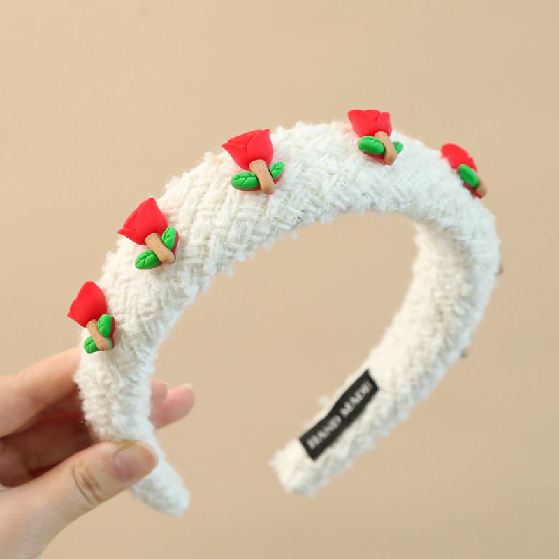 Fashion 37cm Rose Plush Headband White - 1 Piece Fabric Three-dimensional Christmas Wide-brimmed Headband