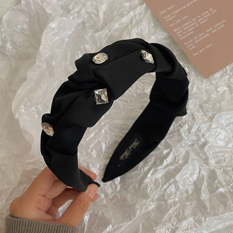 Fashion Black Fabric Diamond-encrusted Pleated Wide-brimmed Headband