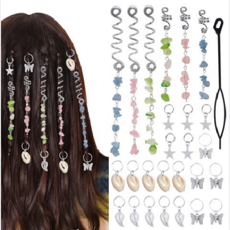 Fashion As Shown In Figure 27 A Set Of Silver 12# Geometric Gravel Five-pointed Star Shell Butterfly Leaf Braided Hair Button Set