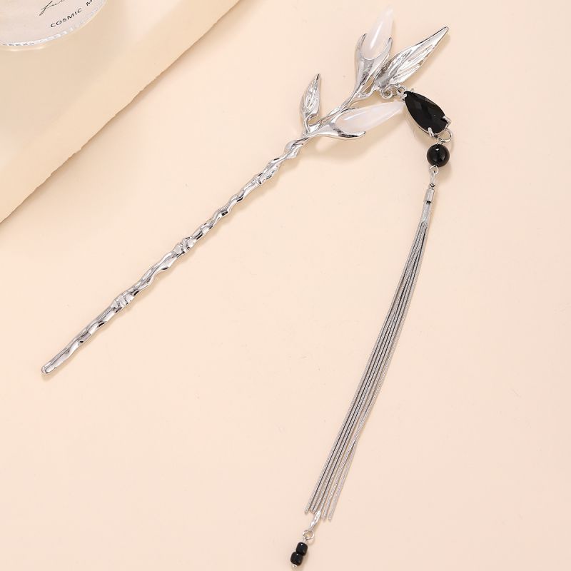 Fashion Silver Metal Geometric Water Drop Tassel Leaf Hairpin