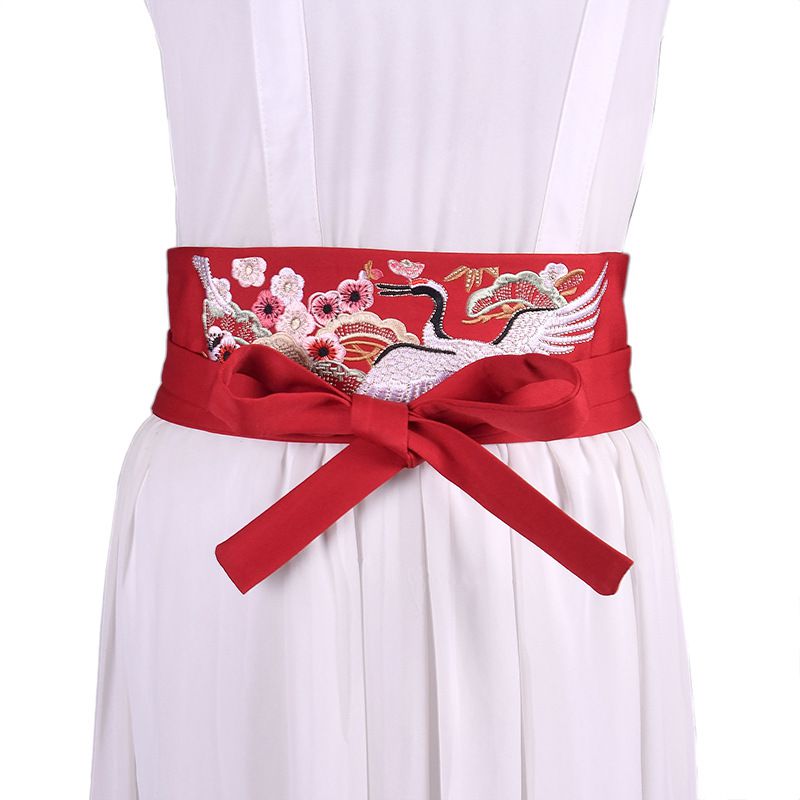 Fashion Red Wide Belt With Woven Crane Embroidery