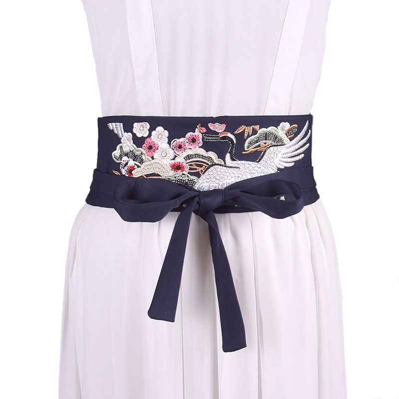 Fashion Navy Blue Wide Belt With Woven Crane Embroidery
