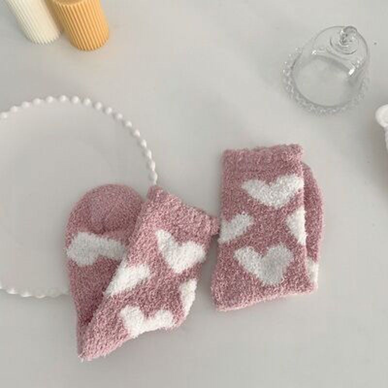 Fashion Pink Pair Coral Fleece Printed Mid-calf Floor Socks