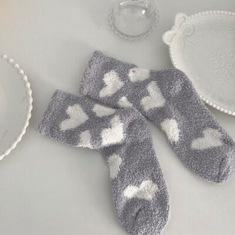 Fashion Gray Pair Coral Fleece Printed Mid-calf Floor Socks